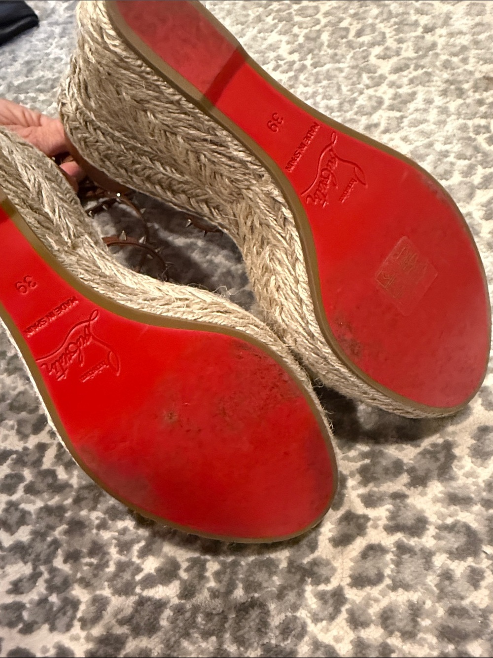 Christian Louboutin Brown Leather Studded Espadrille Wedge Sandals - Picture 3 of 4
